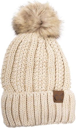 C.C Thick Cable Knit Faux Fuzzy Fur Pom Fleece Lined Skull Cap Cuff Beanie, Black at Amazon Women’s Clothing store