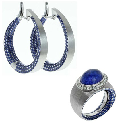 Diamond Tanzanite 18 Karat White Gold Kaleidoscope Enamel Ring Earrings Suite For Sale at 1stDibs