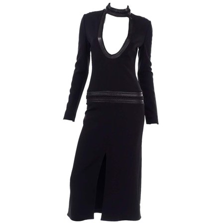 Tom Ford Leather Collar Bodycon Black Low Cut Statement Runway Dress For Sale at 1stDibs