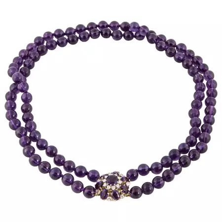 Amethyst Bead Necklace with Diamond Clasp For Sale at 1stDibs | amethyst beads necklace, elastic necklace with clasp, vintage amethyst bead necklace
