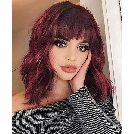 Amazon.com : AISI HAIR Synthetic Curly Bob Wig with Bangs Short Bob Wavy Hair Wigs Wine Red Color Shoulder Length Wigs for Women Bob Style Synthetic Heat Resistant Bob Wigs : Beauty