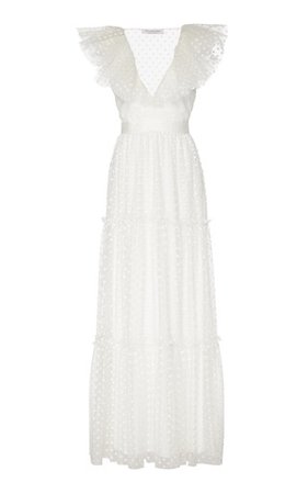 PHILOSOPHY DI LORENZO SERAFINI Ruffled Polka-dot Flocked Tulle Maxi Dress In White