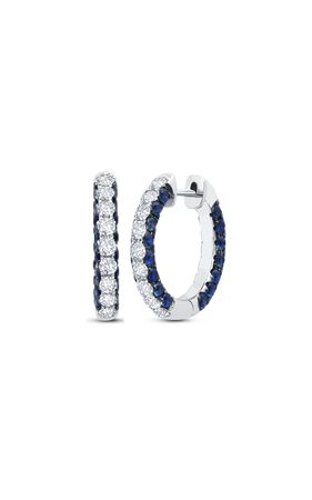 18k White Gold And Blue Sapphire 3 Sided Hoop Earrings With Diamonds By Graziela | Moda Operandi
