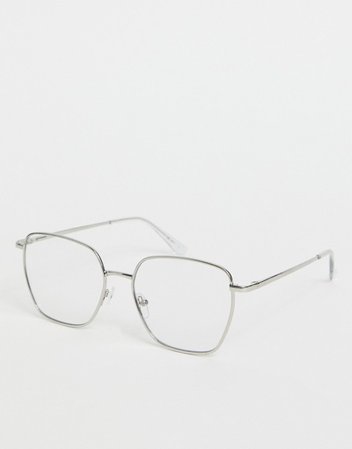 ASOS DESIGN square cat eye metal clear lens glasses in silver | ASOS
