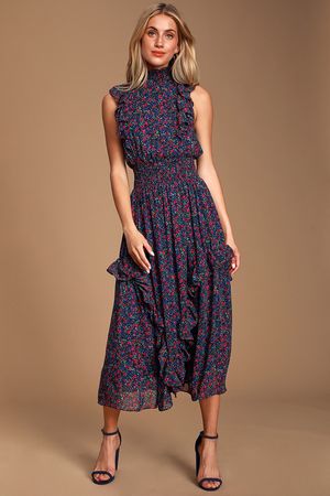 Navy Blue Floral Print Dress - Mock Neck Dress - Midi Dress - Lulus