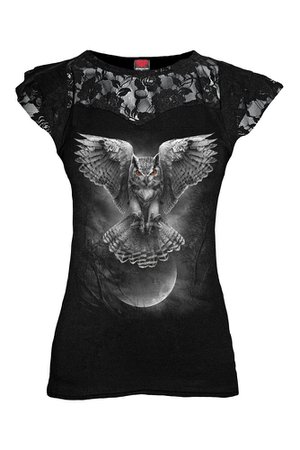 Wings of Wisdom Owl Lace Layered Gothic Top by Spiral Direct