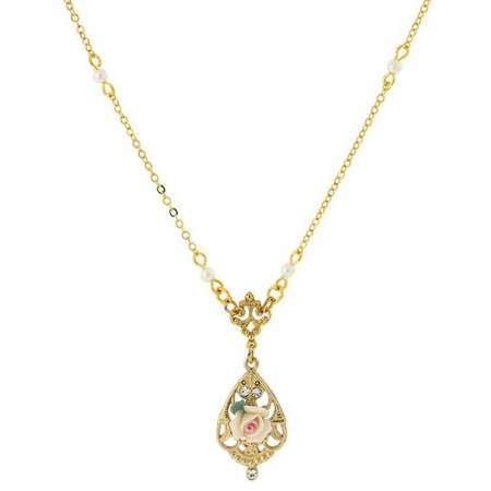 1928 Jewelry 14K Gold Dipped Porcelain Rose with Crystal Accent Necklace