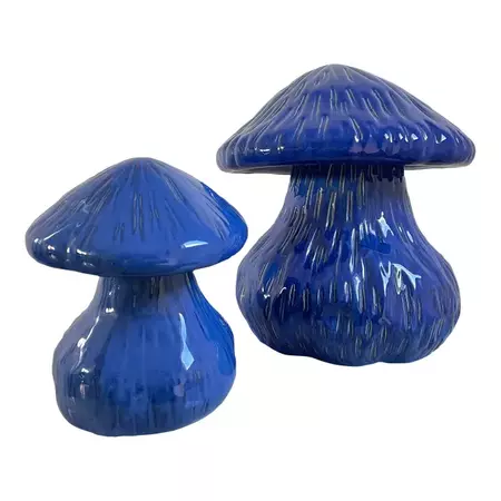 Vintage 1990s Pair of Large Cobalt Blue Glazed Ceramic Mushrooms | Chairish
