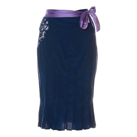 2004 Yves Saint Laurent by Tom Ford blue silk skirt with lace accents on sides For Sale at 1stdibs