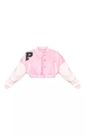 Plus Light Pink Varsity Contrast Sleeve Bomber | PrettyLittleThing USA