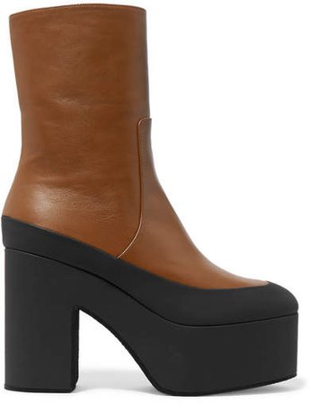 Rubber-trimmed Leather Platform Ankle Boots - Tan