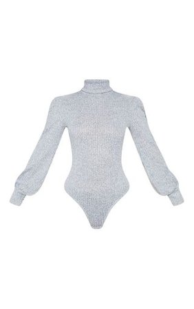 Petite Grey Rib Roll Neck Puff Sleeve Bodysuit | PrettyLittleThing