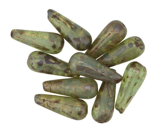 Czech Glass Olivine Picasso Teardrop 16x6mm - Lima Beads
