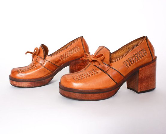 Vintage 70s Platform Heels / 1970s Woven Brown Leather Wood | Etsy