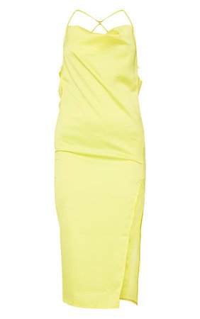 PLT Bright Yellow Satin Strappy Split Hem Midi Dress