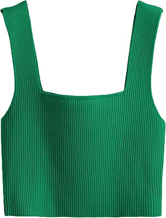 Verdusa Women's Square Neck Sleeveless Solid Ribbed Knit Crop Top Tank Green S at Amazon Women’s Clothing store