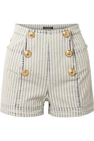 Balmain | Button-embellished striped denim shorts | NET-A-PORTER.COM