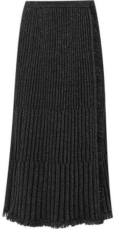 Brooklyn Fringed Ribbed Metallic Merino Wool-blend Midi Skirt - Black