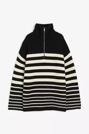 Rib-knit Half-zip Sweater - Black/cream striped - Ladies | H&M US