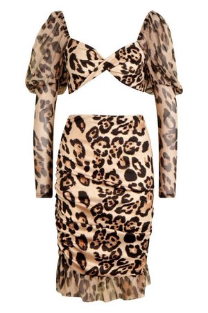 Leopard Print Mesh Sleeve Crop And Frill Skirt | boohoo