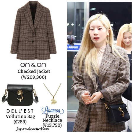 Twice's Fashion on Instagram: “DAHYUN GIMPO AIRPORT 191115 ON&ON- Checked Jacket (￦209,300) DELLEST- Vollutino Bag ($289) LINA MOA- Puzzle Necklace…”