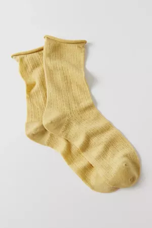 Yellow Pointelle Knit Roll-Top Crew Sock