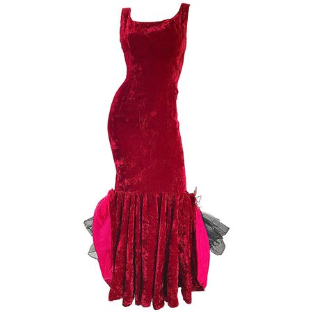 Sensational 1950s Demi Couture Crimson Red Crushed Velvet Vintage Mermaid Gown For Sale at 1stdibs