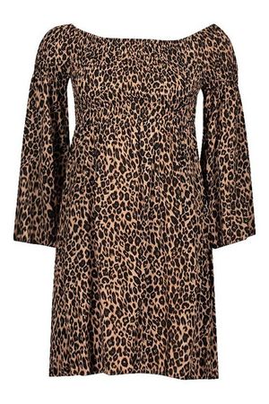 Tall Leopard Shirred Shift Dress | Boohoo brown