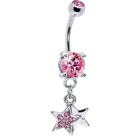 silver pink two star belly ring