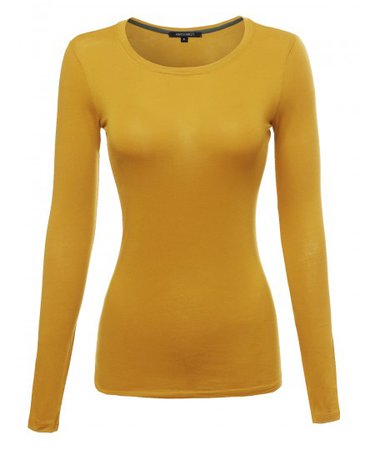 Basic Lightweight Cotton Long Sleeve Crewneck Shirt Top | 04 Mustard