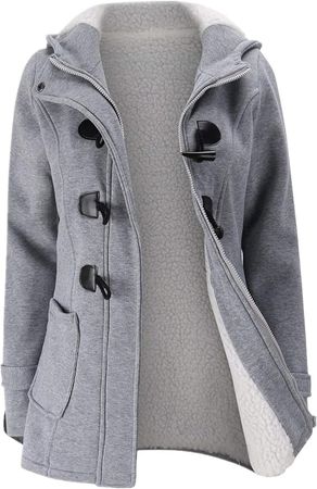 JiangWu Womens Fashion Horn Button Fleece Thicken Coat with Hood Winter Warm Jacket (X-Large, Light-gray) at Amazon Women's Coats Shop