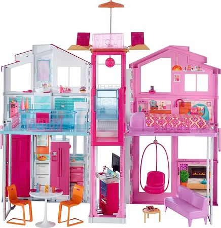 Amazon.com: Barbie Doll House, 3-Story Townhouse with 4 Rooms & Rooftop Lounge, Furniture & Accessories Including Swinging Chair (Amazon Exclusive) : Toys & Games