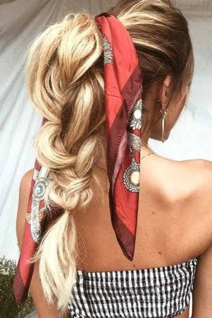 blonde braided ponytail with hair scarf