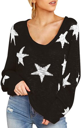 COCOLEGGINGS Women's Boat V Neck Long Sleeve Star Pullover Sweater Tunic Tops at Amazon Women’s Clothing store