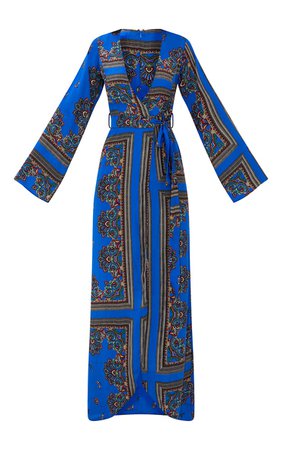 Cobalt Print Satin Kimono Maxi Dress. Dresses | PrettyLittleThing USA