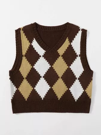 brown Argyle Pattern Crop Sweater Vest | SHEIN USA