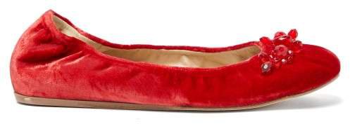 Crystal Embellished Velvet Ballet Flats - Womens - Red