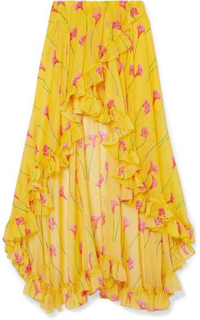 Adelle Asymmetric Ruffled Floral-print Silk-chiffon Skirt - Yellow