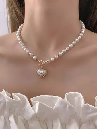 Faux Pearl & Rhinestone Decor Heart Charm Necklace | SHEIN USA
