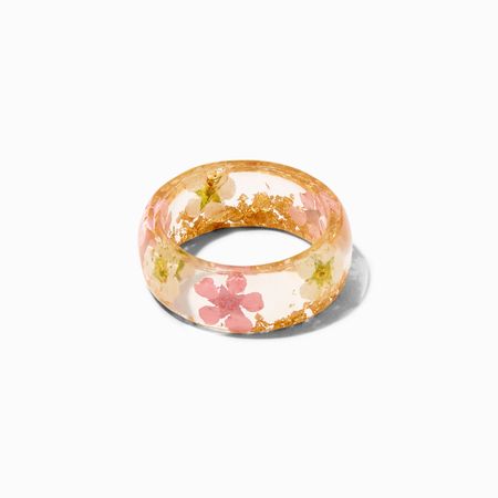 Pink Flowers & Gold Flake Resin Ring | Claire's