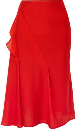 Ruffled Silk Crepe De Chine Midi Skirt - Red