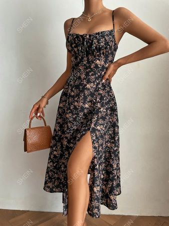 SHEIN Frenchy Allover Floral Print Tie Front Shirred Back Slit Thigh Cami Dress | SHEIN