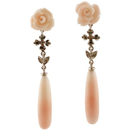 White and Blue Fancy Diamonds, Pink Coral, White Gold Drop Earrings