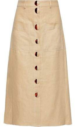Button-detailed Linen Midi Skirt