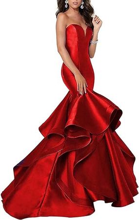 Amazon.com: Womens Mermaid Prom Dress Sweetheart Long Satin Evening Gown with Ruffles : Clothing, Shoes & Jewelry