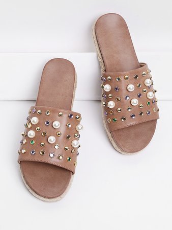 Rhinestone & Faux Pearl Design Flatform Sandals