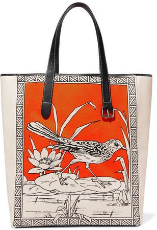 Leather-trimmed Printed Canvas Tote - Orange