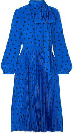 Pussy-bow Pleated Printed Silk Midi Dress - Bright blue