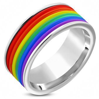Personalized Stainless Steel Rainbow Enamel Gay Pride Ring - ForeverGifts.com