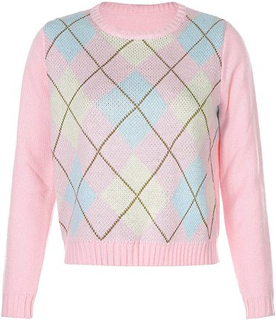 Women Argyle Plaid Sweater Pullover Long Sleeve Preppy England